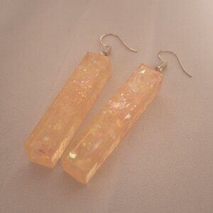 Artisan Handmade Pink Iridescent Resin Rectangle Statement Earrings